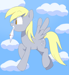 Size: 2069x2263 | Tagged: safe, artist:spoonie, derpibooru import, derpy hooves, pegasus, pony, g4, eye clipping through hair, eyebrows, eyebrows visible through hair, female, flying, grin, heart, letter, mare, mouth hold, profile, side view, sky background, smiling, solo