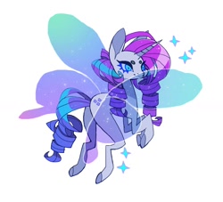 Size: 1190x1082 | Tagged: safe, artist:cutesykill, derpibooru import, rarity, bug pony, insect, pony, unicorn, g4, beanbrows, big ears, blue eyes, blue sclera, butterfly wings, colored eyebrows, colored hooves, colored horn, colored pinnae, colored sclera, concave belly, ears, eyebrows, female, flying, horn, long horn, long legs, mare, purple mane, purple tail, race swap, rear view, ringlets, shiny mane, shiny tail, simple background, slit eyes, smiling, solo, sparkles, sparkly wings, spread wings, tail, thick eyelashes, thin legs, transparent wings, unicorn horn, white background, white coat, wings