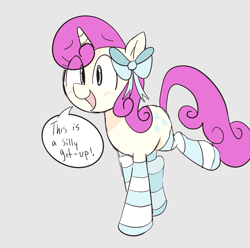 Size: 1589x1575 | Tagged: safe, artist:spoonie, derpibooru import, twinkleshine, pony, unicorn, g4, blush lines, blushing, bow, clothes, cute, dialogue, eye clipping through hair, eyebrows, eyebrows visible through hair, female, gray background, hair bow, horn, mare, open mouth, open smile, simple background, smiling, socks, solo, striped socks