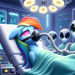 Size: 1024x1024 | Tagged: safe, ai content, derpibooru import, generator:bing image creator, generator:dall-e 3, machine learning generated, rainbow dash, alien, pony, g4, anesthesia, anesthesia mask, black anesthesia mask, clothes, laboratory, prompter:sonicstreak5344, science fiction, scrubs (gear), surgeon