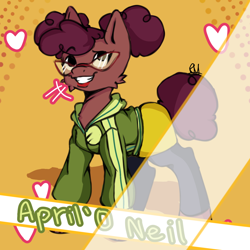 Size: 1280x1280 | Tagged: safe, artist:dummymelon, derpibooru import, earth pony, pony, african american, april o'neil, clothes, crossover, emanata, female, heart, ponified, rise of the teenage mutant ninja turtles, smiling, species swap, teenage mutant ninja turtles