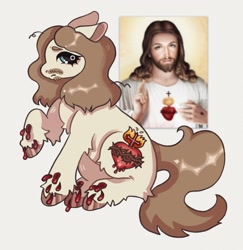 Size: 1519x1565 | Tagged: safe, artist:origamijuni, derpibooru import, earth pony, pony, beard, bleeding, blood, blue eyes, brown mane, catholicism, chest fluff, christianity, colored hooves, ears back, elbow fluff, facial hair, hair over one eye, hoof polish, implied crucifiction, injured, jesus christ, lashes, lashes on male, leg fluff, long mane male, one eye covered, ponified, raised hoof, raised leg, sitting, species swap, white coat