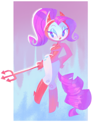 Size: 1012x1348 | Tagged: safe, artist:shugrcube, derpibooru import, rarity, human, g4, 2022, alternate hairstyle, boots, breasts, clothes, costume, cutie mark on human, devil costume, devil horns, female, halloween, halloween costume, hand on hip, holiday, horns, humanized, leotard, pitchfork, pony coloring, shoes, solo, tail, tailed humanization