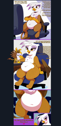 Size: 772x1597 | Tagged: safe, ai content, artist:rupert, derpibooru import, edit, generator:pony diffusion v6 xl, generator:stable diffusion, machine learning assisted, machine learning generated, gilda, griffon, series:ask white belly gilda, g4, april fools, april fools 2024, ask, belly, belly button, big belly, chair, chubby, cute, derpibooru, desktop ponies, dialogue, fat, featureless crotch, female, food, gildadorable, gildough, heart, high res, implied manehattan, lidded eyes, meta, morbidly obese, obese, onomatopoeia, pale belly, pixel art, plump, prompter:rupert, sitting, solo, sprite, stomach noise, tumblr, white belly