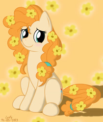 Size: 2480x2953 | Tagged: safe, artist:lurfy, derpibooru import, pear butter, earth pony, pony, g4, 2023, blushing, female, flower, flower background, flower in hair, flower in tail, looking at you, mare, signature, sitting, smiling, tail