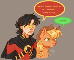 Size: 1905x1548 | Tagged: safe, artist:stolos, derpibooru import, applejack, earth pony, human, g4, applejack's hat, clothes, cowboy hat, crossover, dc comics, dialogue, female, hat, i think we're gonna have to kill this guy, male, meme, red robin, simple background, superhero, tim drake, unamused