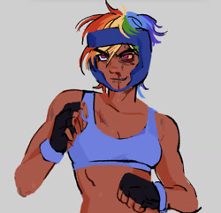 Size: 1348x1301 | Tagged: safe, artist:eeriezoundzz, derpibooru import, part of a set, rainbow dash, human, equestria girls, g4, blood, clothes, eyebrow piercing, female, fighting stance, fit, gray background, headgear, humanized, lip piercing, martial arts, nosebleed, piercing, raised fist, simple background, slender, solo, sparring, sports bra, sports outfit, tanned, thin, toned, toned female