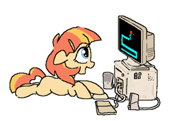 Size: 970x686 | Tagged: safe, artist:myra, derpibooru import, oc, oc only, oc:aimless, earth pony, pony, cables, computer, computer mouse, computer screen, earth pony oc, escii keyboard, female, filly, foal, happy, looking sideways, lying down, microsoft, microsoft windows, old computer, on floor, prone, scary maze game, simple background, smiling, solo, speaker, this will end in tears, white background