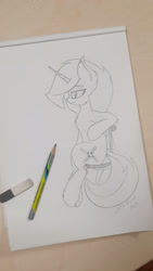 Size: 1440x2559 | Tagged: safe, artist:just rusya, derpibooru import, oc, oc only, oc:4 bore, unicorn, bullet, eraser, horn, irl, paper, pencil, pencil drawing, photo, sitting, sketch, table, traditional art