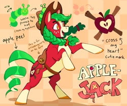 Size: 3000x2500 | Tagged: safe, artist:cracklewink, derpibooru import, part of a set, applejack, earth pony, pony, g4, alternate color palette, alternate cutie mark, alternate eye color, alternate hair color, alternate tail color, alternate tailstyle, applejack's hat, blaze (coat marking), braid, braided pigtails, checkered background, clothes, coat markings, colored belly, colored hooves, colored muzzle, colored pinnae, cowboy hat, curly tail, eyelashes, facial markings, female, freckles, golden eyes, green mane, hat, high res, mare, open mouth, open smile, pale belly, patterned background, pigtails, plushie, rearing, red coat, saddle, shadow, smiling, socks (coat marking), solo, tack, tail, text, tied mane, two toned mane, unshorn fetlocks, wall of tags, wingding eyes