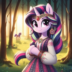 Size: 1024x1024 | Tagged: safe, ai content, derpibooru import, machine learning generated, starlight glimmer, g4, cyrillic, forest, nature, prompter needed, russian, slavic, solo, tree