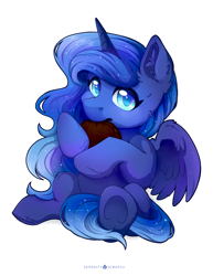 Size: 3165x4096 | Tagged: safe, artist:serenity, derpibooru import, princess luna, alicorn, pony, g4, cheek fluff, chibi, constellation, constellation hair, cute, cuteness overload, ear fluff, ears, eating, ethereal mane, female, fluffy, hoof fluff, hoof hold, horn, leg fluff, looking at you, lunabetes, mare, moonpie, munching, nom, partially open wings, simple background, solo, sparkles, starry mane, starry tail, tail, underhoof, white background, wings