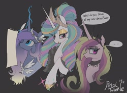 Size: 2048x1504 | Tagged: safe, artist:petaltwinkle, derpibooru import, princess cadance, princess celestia, princess luna, alicorn, pony, g4, ..., alicorn triarchy, alternate color palette, alternate design, alternate hair color, alternate hairstyle, bags under eyes, blue coat, blue eyes, bust, cadance is not amused, choker, cross earring, crown, curly hair, curly mane, dialogue, ear piercing, earring, emo, ethereal mane, eye clipping through hair, eyebrows, eyebrows visible through hair, eyeshadow, feather boa, female, floating eyebrows, frown, glowing, glowing horn, gradient mane, gray background, hair bun, headpiece, heart choker, height difference, hoof shoes, horn, jewelry, lidded eyes, lipstick, long eyelashes, long horn, long mane, looking at someone, looking back, looking up, magic, makeup, mare, messy mane, multicolored mane, open mouth, open smile, paper, piercing, pink coat, pink eyes, princess shoes, profile, quill pen, raised eyebrow, raised hoof, raised leg, regalia, ringlets, role reversal, signature, simple background, smiling, sparkles, speech bubble, talking, telekinesis, thick horn, tiara, tied mane, trio, trio female, unamused, unicorn horn, wall of tags, white coat, wingding eyes, writing