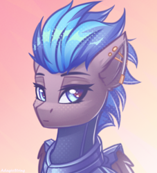 Size: 2000x2200 | Tagged: safe, artist:adagiostring, derpibooru import, oc, oc only, pegasus, pony, fallout equestria, abstract background, armor, bust, commission, ear piercing, enclave, enclave armor, fanfic art, female, female oc, gradient background, headshot commission, looking at you, pegasus oc, piercing, portrait, solo