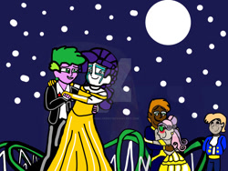 Size: 1032x774 | Tagged: safe, derpibooru import, button mash, rarity, spike, sweetie belle, g4, blushing, clothes, crying, dancing, disney princess, eyeliner, eyeshadow, female, gown, in love, makeup, male, shipping, slow dance, sparity, tears of joy, tuxedo
