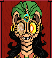 Size: 450x510 | Tagged: safe, artist:nukepony360, derpibooru import, oc, oc only, oc:madame fortuna, pony, robot, robot pony, unicorn, ear piercing, earring, female, fortune teller, horn, jewelry, mare, piercing, pixel art, solo, turban