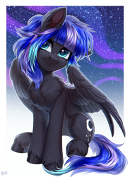 Size: 2500x3400 | Tagged: safe, artist:hakaina, derpibooru import, oc, oc only, oc:rainfall (zeepurplefox), pegasus, belly, chest fluff, colored, concave belly, cute, female, fluffy, high res, looking up, mare, ocbetes, partially open wings, pegasus oc, shading, sitting, solo, starry sky, unshorn fetlocks, wings