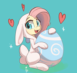 Size: 1000x952 | Tagged: safe, artist:inkypuso, derpibooru import, fluttershy, pegasus, pony, g4, animal costume, bunny costume, clothes, costume, cute, egg, female, heart, looking at you, shyabetes, simple background, solo