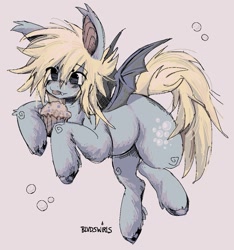 Size: 1005x1072 | Tagged: safe, artist:blvdswirls, derpibooru import, derpy hooves, bat pony, pony, g4, :p, bat ponified, derpybat, food, muffin, plump, race swap, smiling, solo, species swap, tongue, tongue out