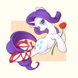 Size: 1143x1143 | Tagged: safe, artist:chonpskss, derpibooru import, rarity, pony, unicorn, g4, beige background, blushing, female, flower, high heels, horn, lidded eyes, looking at you, mare, passepartout, rose, shoes, simple background, smiling, smiling at you, solo, tail