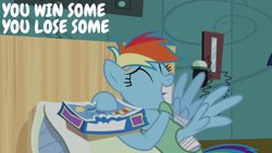 Size: 2000x1125 | Tagged: safe, derpibooru import, edit, edited screencap, editor:quoterific, screencap, rainbow dash, g4, read it and weep, bandage, bandaged wing, bed, grin, hospital, hospital bed, injured, smiling, solo, wings