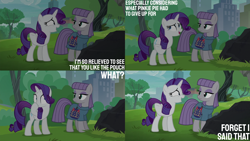 Size: 2000x1125 | Tagged: safe, derpibooru import, edit, edited screencap, editor:quoterific, screencap, boulder (pet), maud pie, rarity, g4, the gift of the maud pie, city, park, rock, rock pouch, tree