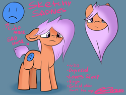 Size: 1600x1200 | Tagged: safe, artist:bazza, derpibooru import, oc, oc only, oc:sketchy sadness, earth pony, g4, depressed, depression, earth pony oc, frown, medibang paint, pink hair, pink mane, reference sheet, sad, short tail, signature, simple shading, solo, tail, writing