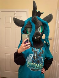 Size: 1536x2048 | Tagged: safe, artist:limeythecheetah, derpibooru import, queen chrysalis, changeling, changeling queen, fursuit, hand on hip, indoors, irl, phone, photo, selfie