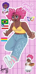 Size: 540x1096 | Tagged: safe, artist:sprong-lhama, derpibooru import, pinkie pie, human, g4, afro, afro puffs, alternate hairstyle, blushing, bowl, brazil, bread, clothes, crocs, cute, dark skin, denim, diapinkes, ear piercing, earring, eyes closed, eyeshadow, female, food, freckles, humanized, jeans, jewelry, makeup, midriff, mug, nail polish, pansexual, pansexual pride flag, pants, piercing, pride, pride flag, reference sheet, shirt, socks, solo, striped socks, t-shirt, tanktop