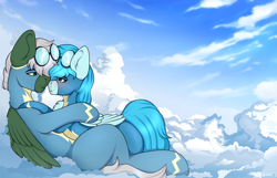 Size: 3100x2000 | Tagged: safe, artist:zarioly, derpibooru import, oc, oc only, oc:summer breeze, oc:windracer, pegasus, pony, blushing, clothes, cloud, duo, duo male and female, female, goggles, hug, lying down, lying on a cloud, male, mare, on a cloud, pegasus oc, uniform, wonderbolts uniform