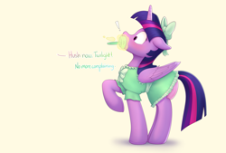 Size: 5967x4031 | Tagged: safe, artist:edrian, derpibooru import, twilight sparkle, twilight sparkle (alicorn), alicorn, pony, g4, adult foal, blushing, bow, clothes, dialogue, diaper, diaper fetish, diaper under clothes, dress, ears, exclamation point, fetish, floppy ears, hair bow, implied princess celestia, magic, non-baby in diaper, offscreen character, pacifier, raised hoof, raised leg, shocked, simple background, solo, telekinesis, white background