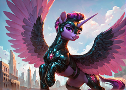 Size: 1400x1000 | Tagged: safe, ai content, derpibooru import, generator:pony diffusion v6 xl, generator:stable diffusion, machine learning generated, twilight sparkle, twilight sparkle (alicorn), alicorn, pony, g4, armor, belly, city, cityscape, cyberpunk, fantasy, female, head turn, large wings, looking at you, mare, prompter:star-dragon, rearing, science fiction, solo, spread wings, wings