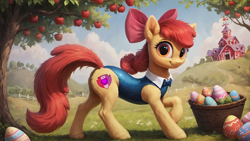 Size: 2560x1440 | Tagged: safe, ai content, derpibooru import, generator:pony diffusion v6 xl, generator:stable diffusion, machine learning generated, apple bloom, earth pony, pony, g4, apple, apple tree, bowtie, bunny suit, clothes, costume, easter, easter egg, female, filly, fluffy, foal, food, happy, head turn, holiday, leotard, looking at you, outdoors, prompter:truekry, side view, smiling, smiling at you, solo, sweet apple acres, tree, wallpaper