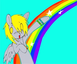 Size: 1984x1668 | Tagged: safe, artist:poniesinmyhead, derpibooru import, derpy hooves, pegasus, pony, g4, blue background, cyan background, open mouth, rainbow, scene kid, simple background, solo