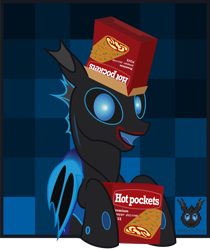 Size: 2378x2832 | Tagged: safe, artist:wheatley r.h., derpibooru exclusive, derpibooru import, oc, oc only, oc:w. rhinestone eyes, changeling, bat wings, blue changeling, box, changeling oc, honeypot changeling, hot pocket, looking at you, male, smiling, stallion, vector, watermark, wings