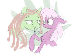 Size: 750x539 | Tagged: safe, artist:shaslan, derpibooru import, cheerilee, tree hugger, earth pony, pony, g4, blunt, drugs, duo, duo female, female, looking at each other, looking at someone, mare, marijuana, raised hoof, raised leg, simple background, white background