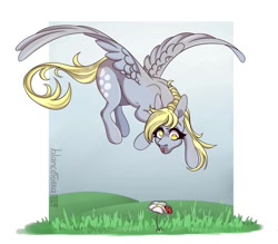 Size: 1120x980 | Tagged: safe, artist:blancotorra, derpibooru import, derpy hooves, insect, ladybug, pegasus, pony, g4, female, flower, flying, grass, looking down, mare, passepartout, simple background, solo, white background