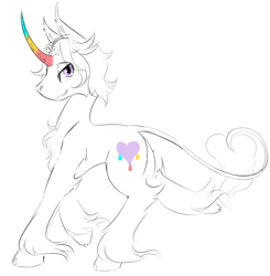 Size: 1040x1060 | Tagged: safe, artist:squeezymouse, derpibooru exclusive, derpibooru import, oc, oc only, oc:tri color, classical unicorn, pony, unicorn, cloven hooves, colored horn, concave belly, curved horn, cutie mark, gradient horn, hooves, horn, leonine tail, rainbow horn, side view, simple background, sketch, solo, unshorn fetlocks, white background