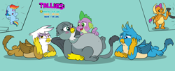 Size: 4350x1778 | Tagged: safe, artist:rupert, derpibooru import, gabby, gallus, gilda, rainbow dash, smolder, spike, dragon, griffon, pegasus, pony, series:catbird 3's colossal squish program, g4, belly, blushing, chibi, chubby, disappointed, dragoness, female, food, frown, hose, imminent weight gain, incentive drive, lying down, male, milestone, open mouth, pale belly, paws, plump, poking, prone, round belly, sitting, smiling, teams, this will end in weight gain