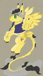 Size: 1017x1800 | Tagged: safe, artist:hrabiadeblacksky, derpibooru import, oc, oc only, oc:golden foreman, fly, insect, pegasus, pony, clothes, flaying, flying, green eyes, grey hair, simple background, solo, suit, wings, yellow background, yellow fur