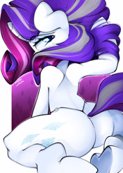 Size: 2894x4093 | Tagged: safe, alternate version, artist:ahekao, derpibooru import, rarity, pony, semi-anthro, unicorn, g4, back, butt, clothes, fashion, female, horn, looking at you, looking back, older, older rarity, panties, passepartout, plot, pose, rearity, sexy, sitting, solo, thong, underhoof, underwear