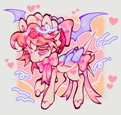 Size: 980x932 | Tagged: safe, artist:yuch42023, derpibooru import, oc, oc only, oc:coquetta, pegasus, pony, ambiguous gender, bags under eyes, bonnet, bow, colored eyebrows, colored eyelashes, colored hooves, colored pinnae, colored wings, colored wingtips, emanata, eyebrows, eyebrows visible through hair, floating heart, gray background, hair bow, head wings, heart, lidded eyes, multicolored eyes, neck bow, nose blush, passepartout, pegasus oc, pink coat, pink mane, pink tail, raised hoof, raised leg, shiny mane, shiny tail, simple background, smiling, sparkly mane, spiked tail band, tail, tail band, tail bow, thin, thin legs, tied tail, two toned wings, watermark, wingding eyes, wings