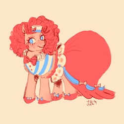 Size: 2048x2048 | Tagged: safe, artist:swollenbabyfat, derpibooru import, pinkie pie, earth pony, pony, g4, blue eyes, blushing, clothes, curly hair, curly mane, doodle, dress, eyelashes, female, gala dress, gown, hat, heart, heart eyes, hoof shoes, looking away, looking to side, looking to the left, mare, open mouth, open smile, pink background, pink coat, pink mane, shoes, signature, simple background, smiling, teeth, wingding eyes