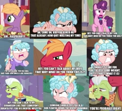 Size: 737x665 | Tagged: safe, derpibooru import, edit, edited screencap, screencap, apple bloom, big macintosh, cozy glow, granny smith, little mac, sugar belle, earth pony, pegasus, pony, a trivial pursuit, frenemies (episode), g4, hard to say anything, hearthbreakers, school raze, the last problem, 20000 patties under the sea, angry, apple, apple bloom's bow, big macintosh's yoke, bow, caption, clothes, colt, comic, female, filly, foal, food, granny smith's shawl, gritted teeth, hair bow, horse collar, image macro, imgflip, lying down, male, mare, open mouth, plankton, prone, reference, sad, scarf, screencap comic, spongebob reference, spongebob squarepants, stallion, tail, tail bow, teeth, text