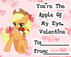 Size: 1272x1016 | Tagged: safe, artist:dazzle, derpibooru import, applejack, earth pony, bow, braid, braided tail, flower, freckles, free to use, hair bow, hat, holiday, rose, tail, valentine, valentine's day, valentine's day card