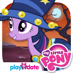 Size: 1024x1024 | Tagged: safe, derpibooru import, twilight sparkle, unicorn twilight, pony, unicorn, g4, luna eclipsed, app icon, cloak, clothes, costume, dead tree, female, full moon, grin, hat, mare, moon, my little pony logo, my little pony: trick or treat, official, outdoors, playdate digital, smiling, solo, star swirl the bearded costume, tree