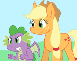 Size: 1014x800 | Tagged: safe, artist:cmara, derpibooru import, applejack, spike, dragon, earth pony, pony, female, male, winged spike, wings