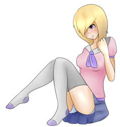 Size: 820x864 | Tagged: safe, derpibooru import, oc, oc only, oc:cutie pie, human, blonde, blonde hair, clothes, hair over one eye, humanized, socks, solo