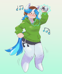 Size: 1344x1597 | Tagged: safe, artist:dondedun, derpibooru import, dj pon-3, vinyl scratch, anthro, human, unguligrade anthro, unicorn, blushing, clothes, earbuds, eyes closed, female, gradient background, hoodie, horn, human to anthro, ipod, magic, music notes, shorts, smiling, species swap, transformation