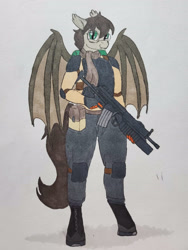 Size: 3024x4032 | Tagged: safe, artist:rustlerustle, derpibooru import, oc, oc only, oc:cornerstone, anthro, bat pony, armor, glasses, gun, solo, traditional art, weapon